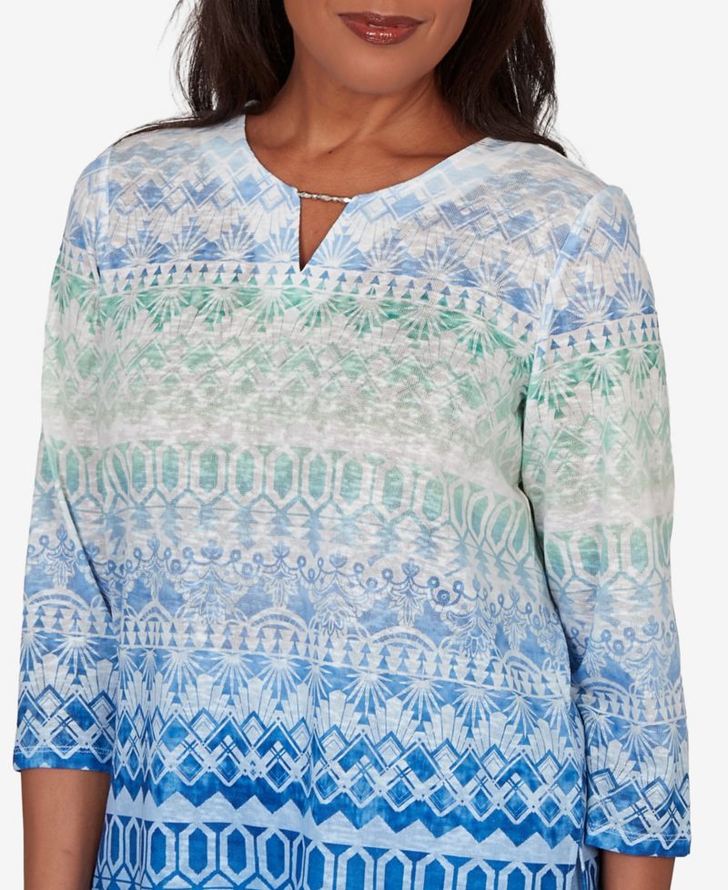 Women's Caribbean Blues Ombre Biadere Split Neck Top