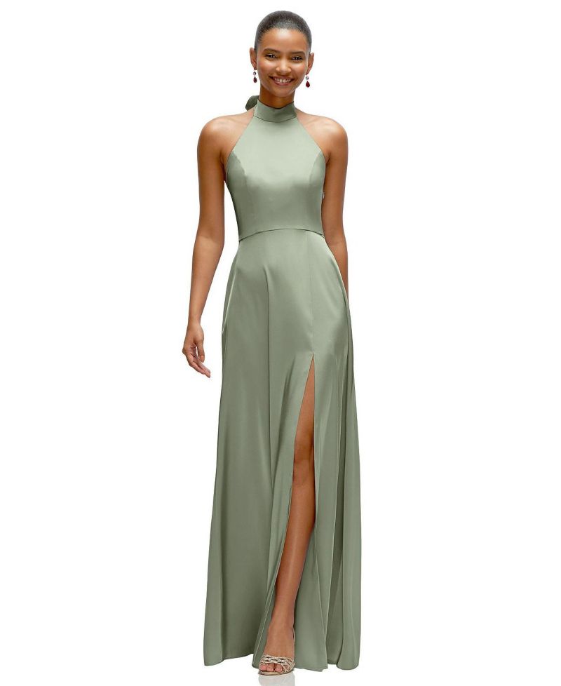 Women's Band Collar Halter Open Back Fluid Satin Maxi Dress with Self-Tie Bow