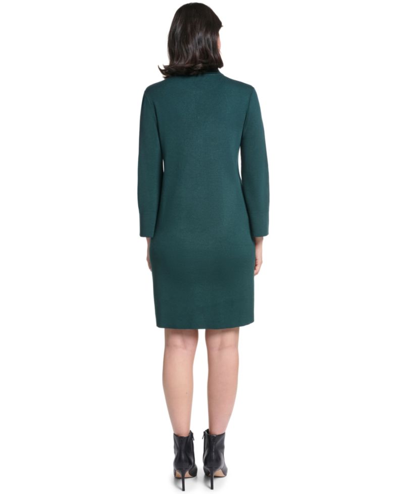 Petite Collared Button-Front Long-Sleeve Midi Dress