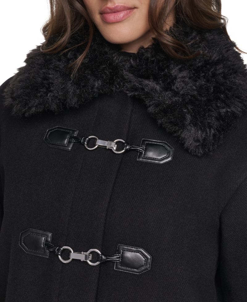 Women's Faux-Fur Collared Wool-Blend Mid-Length Coat