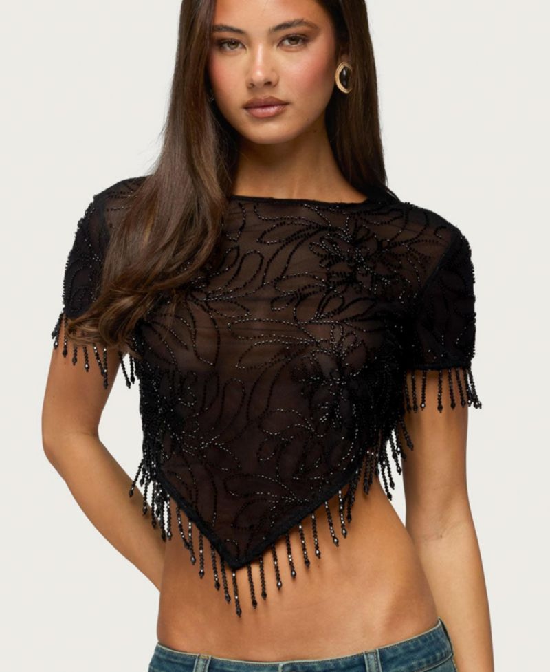 Women's Yanna Beaded Fringe Mesh Poncho Top
