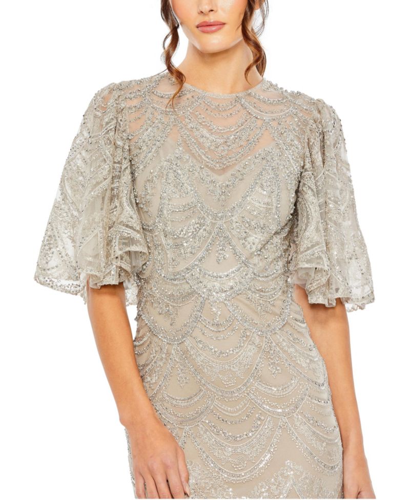 Women's Embellished Flutter Sleeve High Neck Gown
