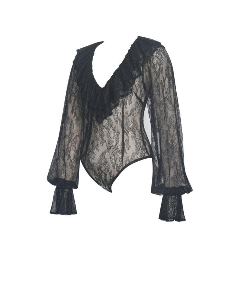 Women's Taliah Black Sheer Lace Ruffled Collar Bodysuit