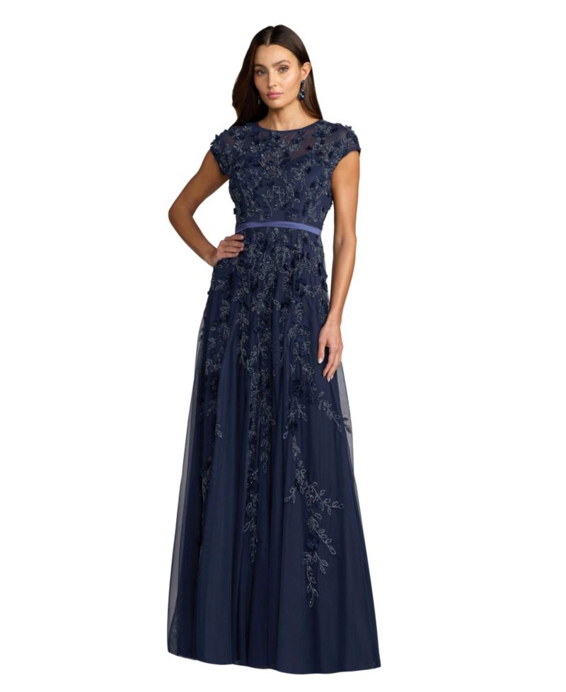 Women's Floral Embellished Short Sleeve Mesh Gown