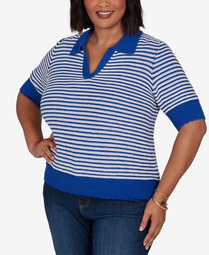 Plus Size Two-Tone Collared Elbow-Sleeve Sweater