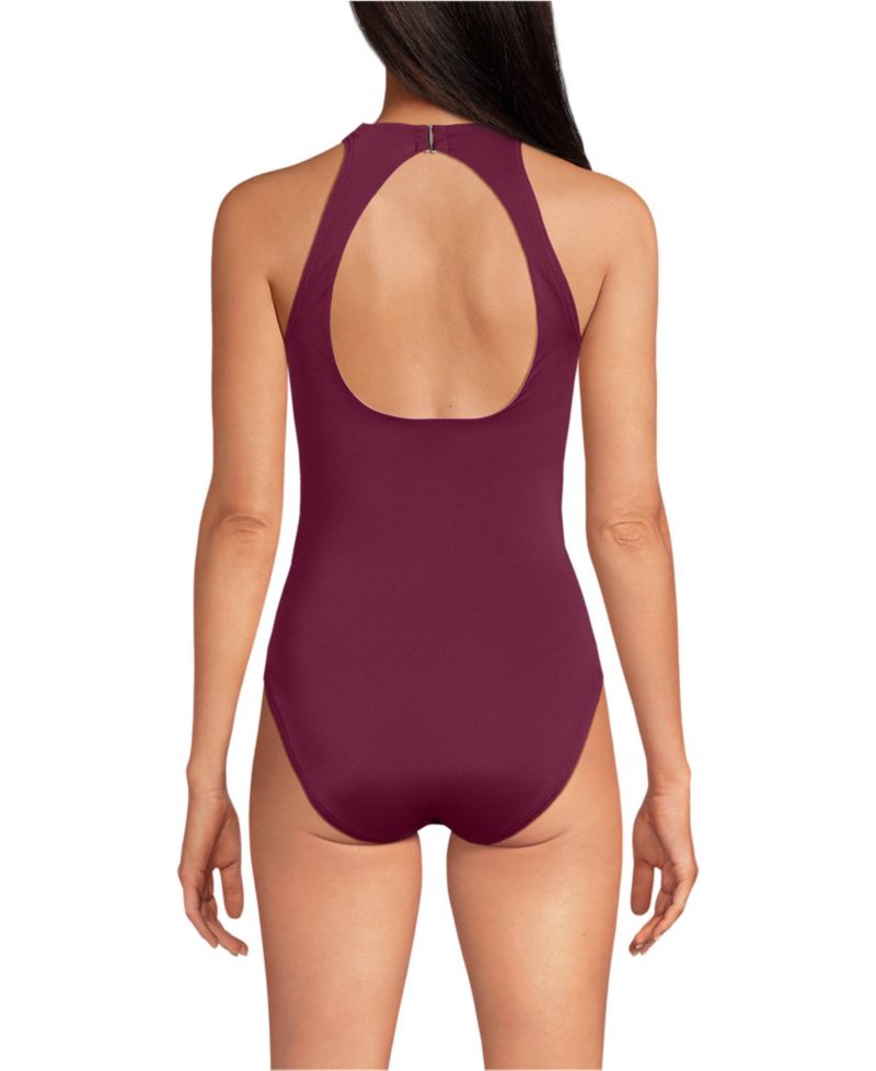 Women's Long Torso Tugless High Neck Portrait Back One Piece Swimsuit