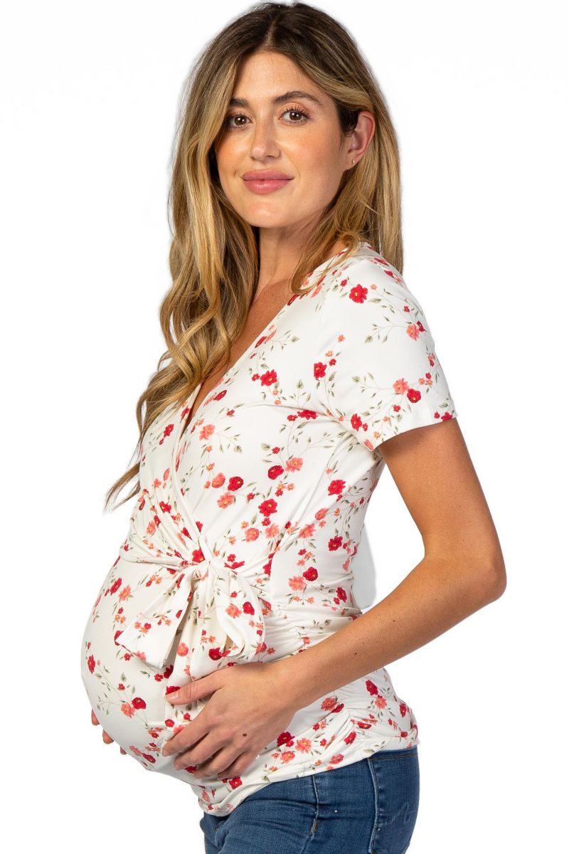 Women's Ivory Floral Wrap Fitted Maternity/Nursing Top