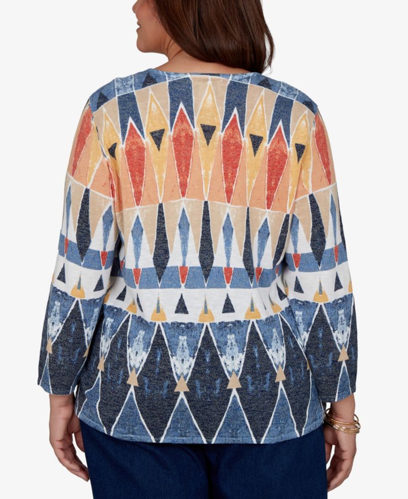 Plus Size 3/4-Sleeve Geometric-Print Keyhole Pullover Sweater