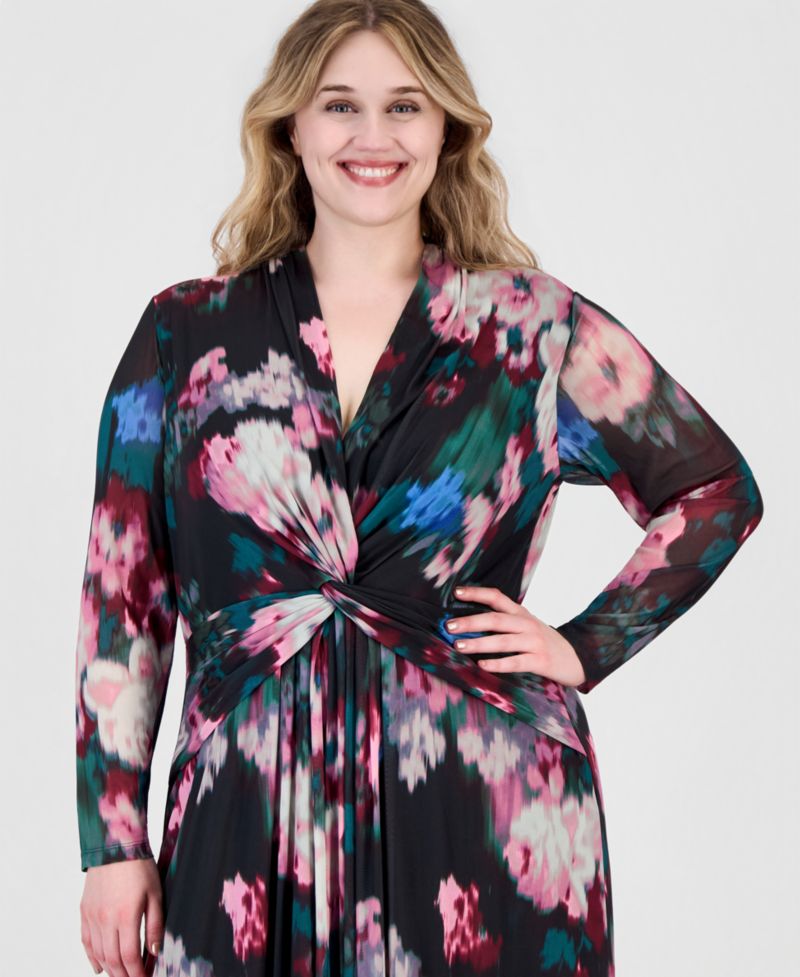 Plus Twist Front Maxi Floral Long-Sleeve A-Line Dress