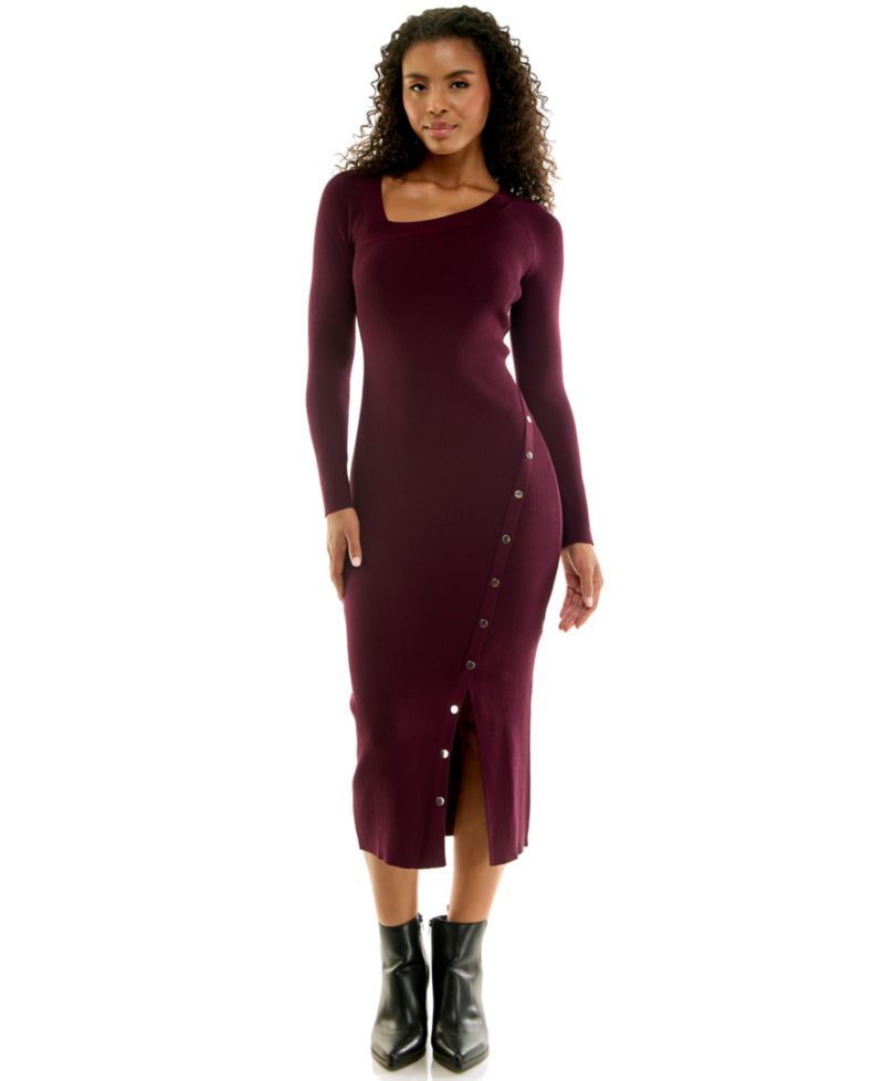 Juniors' Square Neck Long Sleeve Midi Sweater Dress with Asymmetrical Button Detail
