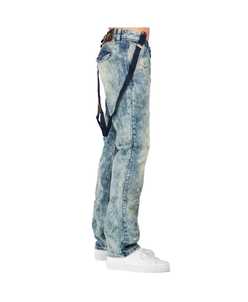 Men's Slim Straight Premium Jeans Distressed Acid Washed with Suspenders