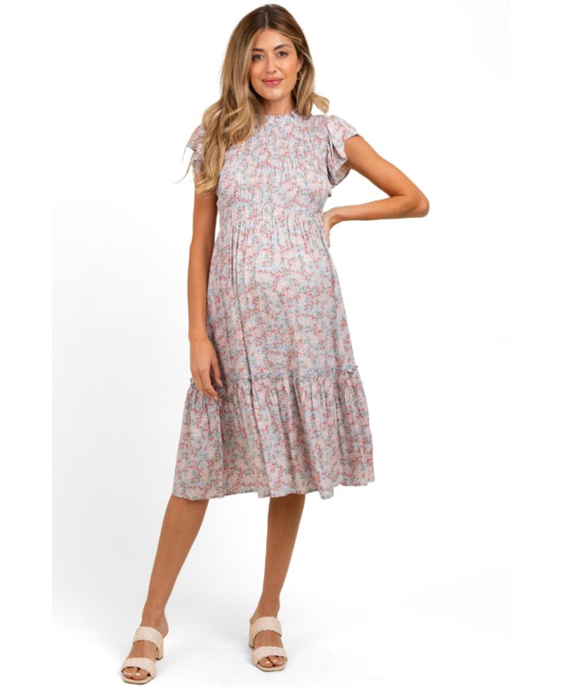Women's Pink Floral Mock Neck Smocked Ruffe Sleeve Midi Dress