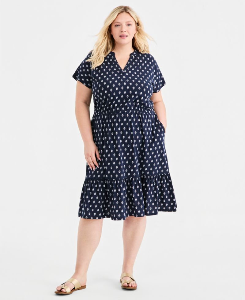 Plus Size Printed Split-Neck Tiered Midi Dress