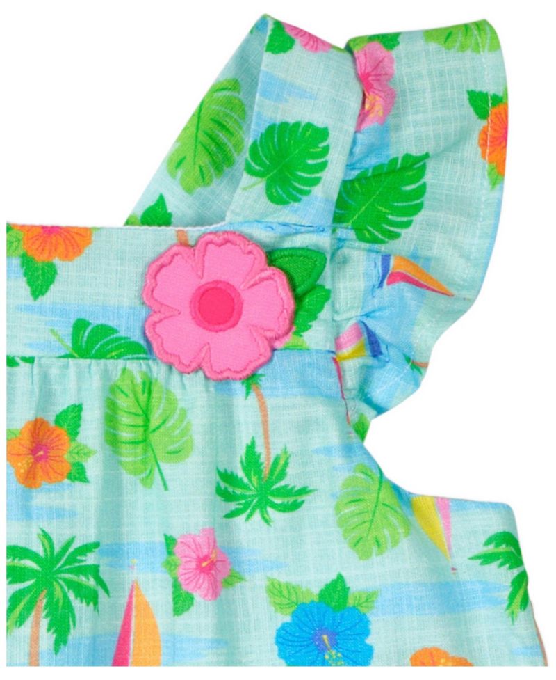 Little Girls Printed Linen Look Dress With Flower