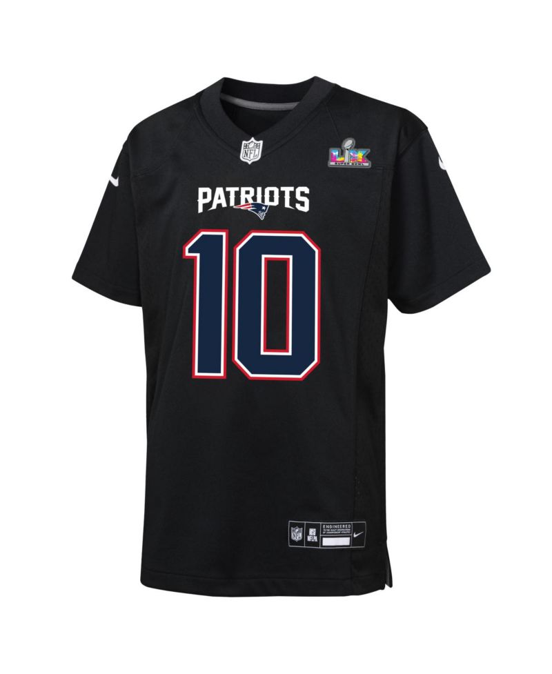 Big Boys and Girls Drake Maye Black New England Patriots Super Bowl LX Patch Carbon Fashion Game Jersey