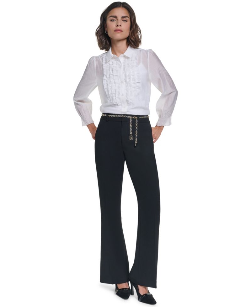 Women's Ruffle Button Woven Collar Neck Top