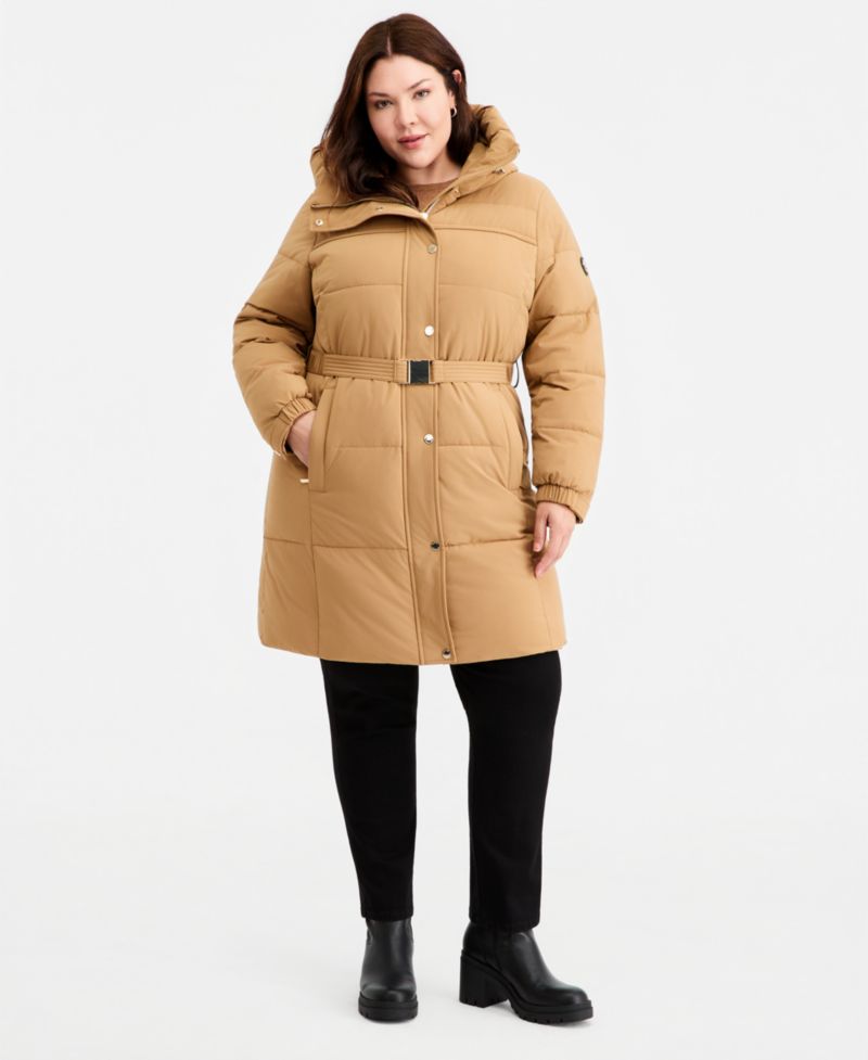 Plus Size Hooded Belted Puffer Coat