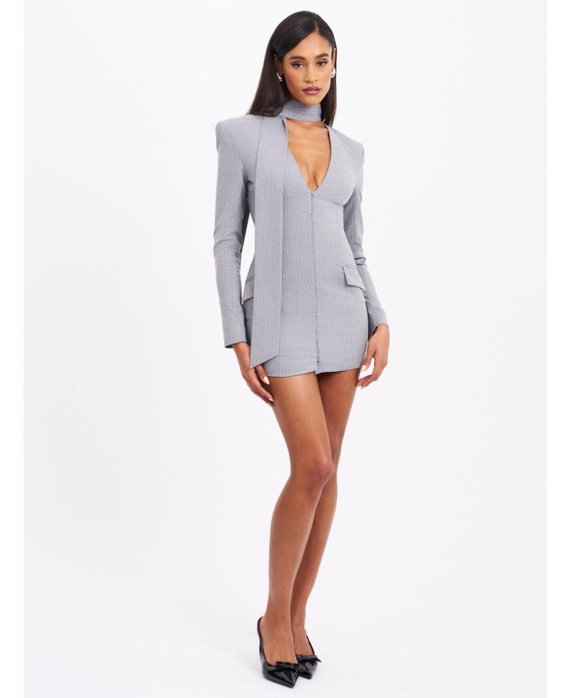 Women's Tahlia Deep V Pinstripes Gray Blazer Dress with scarf collar