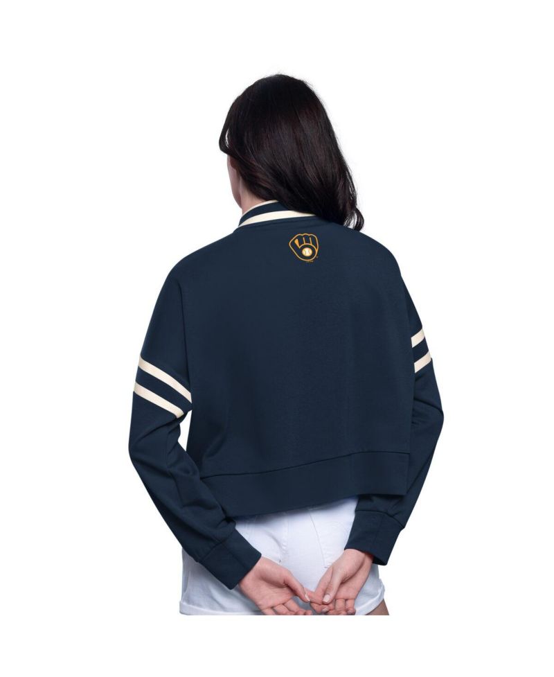 Women's Navy Milwaukee Brewers Power Play Cropped Pullover Sweatshirt