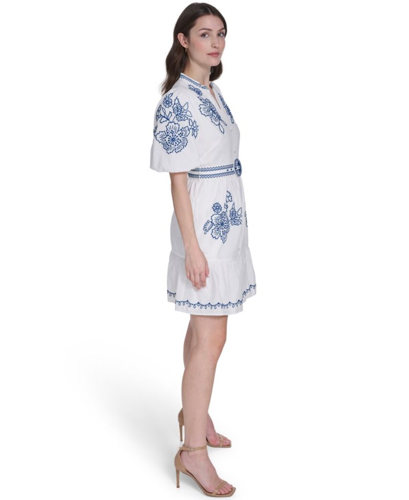 Women's Mandarin Collar Belted Shirt-Dress