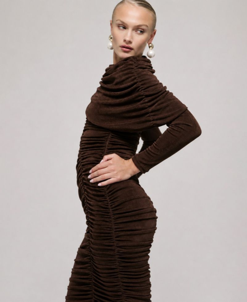 Women's Melina Wedding Guest Long-Sleeve Shawl Collar Midi Dress