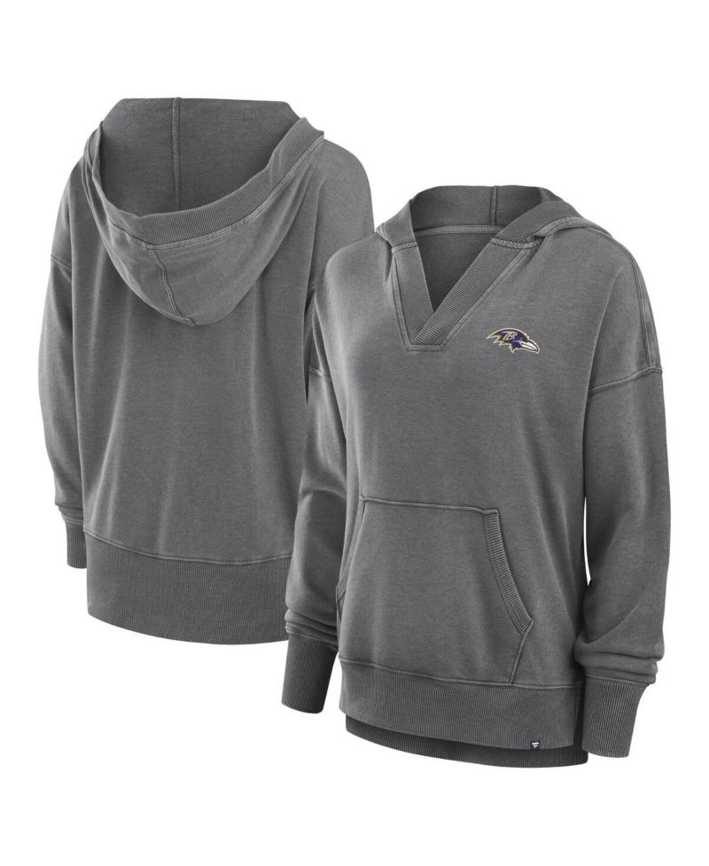 Women's Heather Charcoal Baltimore Ravens Initiative Snow Wash French Terry V-Neck Pullover Hoodie