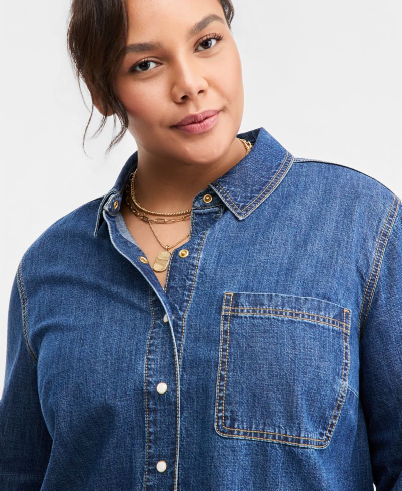 Trendy Plus Size Long-Sleeve Cropped Denim Shirt