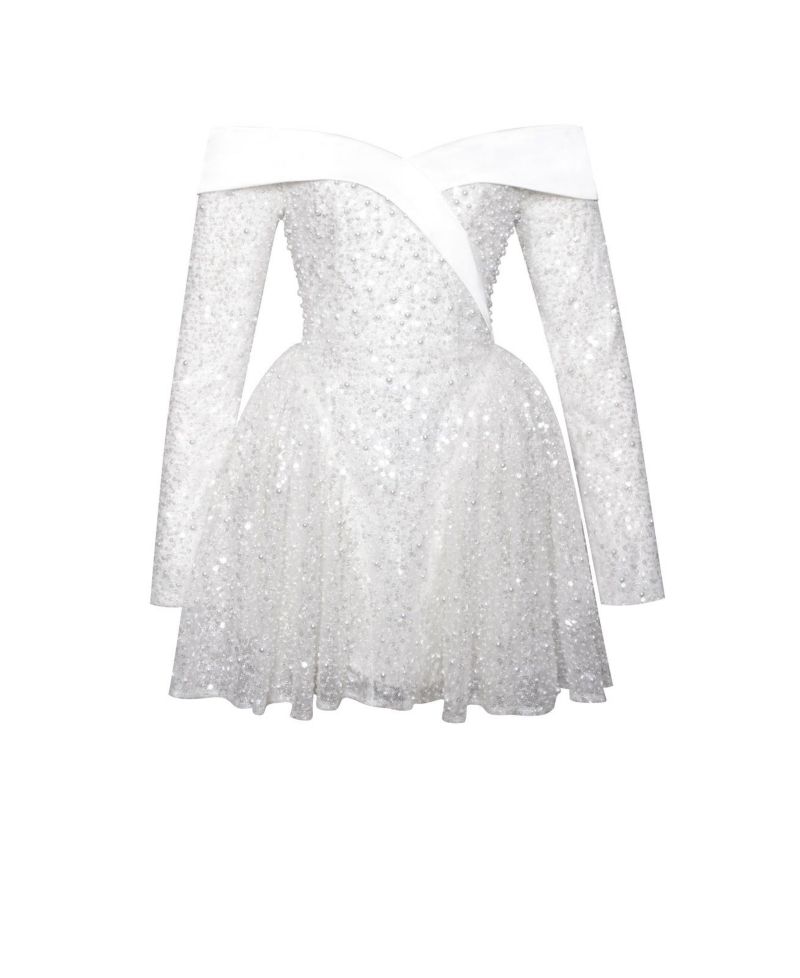 Women's Kira Bead Embroidered Mesh Off Shoulder Long Sleeve Mini Dress