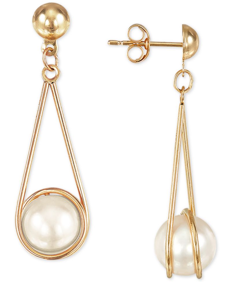 Cultured Freshwater Pearl (8mm) Wire-Wrapped Drop Earrings in 10k Gold