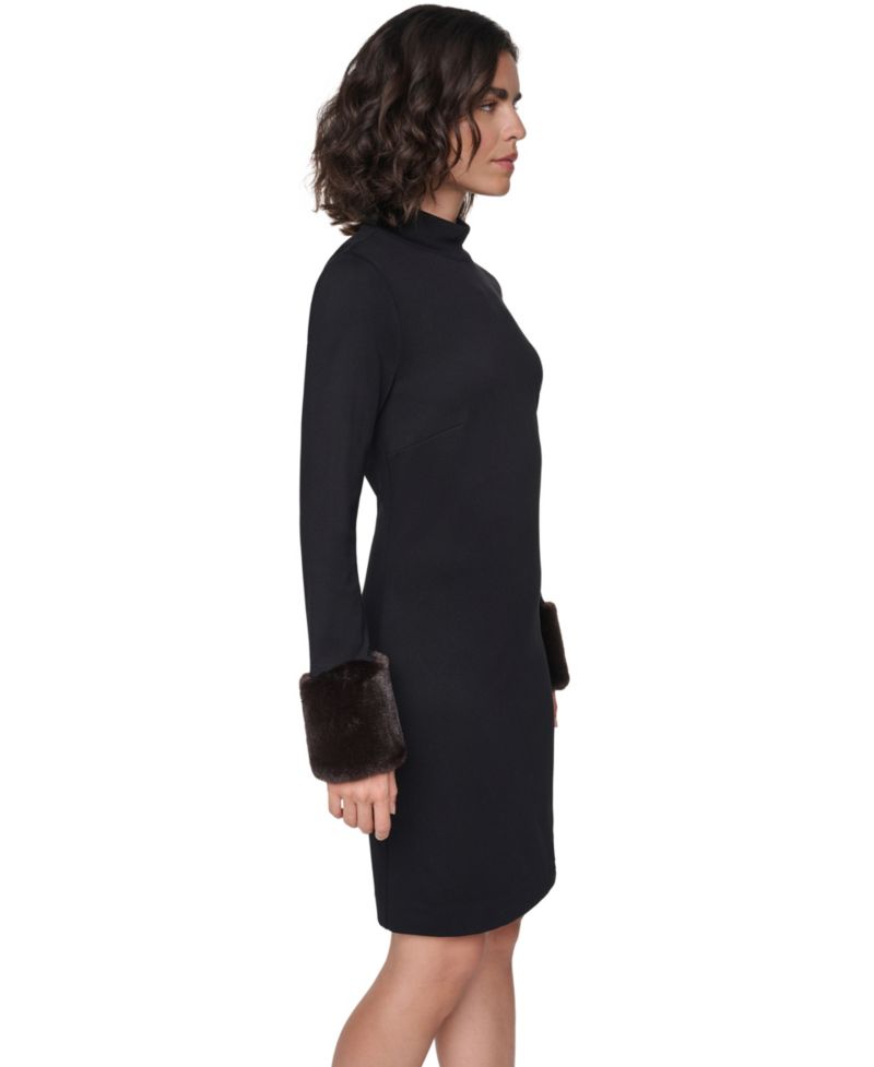 Women's Faux-Fur Cuff Mock Neck Long-Sleeve Sweater Dress