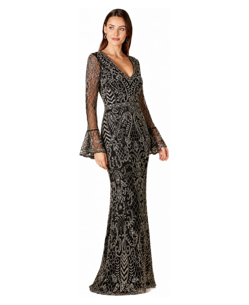 Women's Long Bell Sleeve V-Neck Beaded Gown