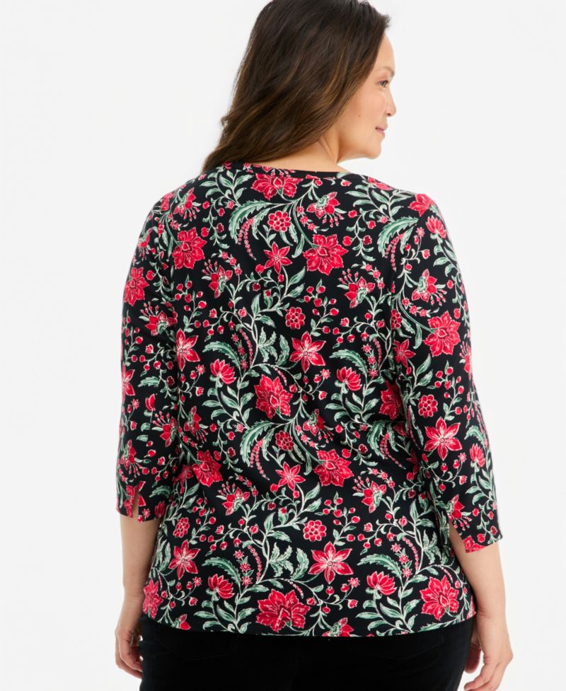 Plus Size Printed 3/4 Sleeve Boat-Neck Top