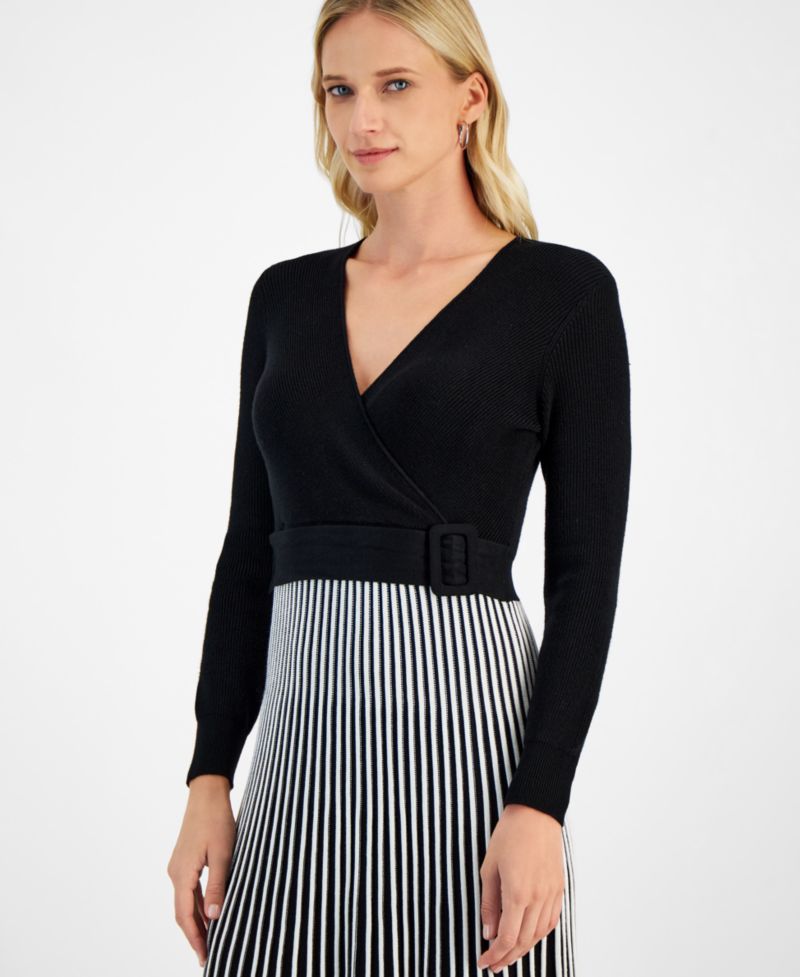 Petite Two-Tone Belted Sweater Dress