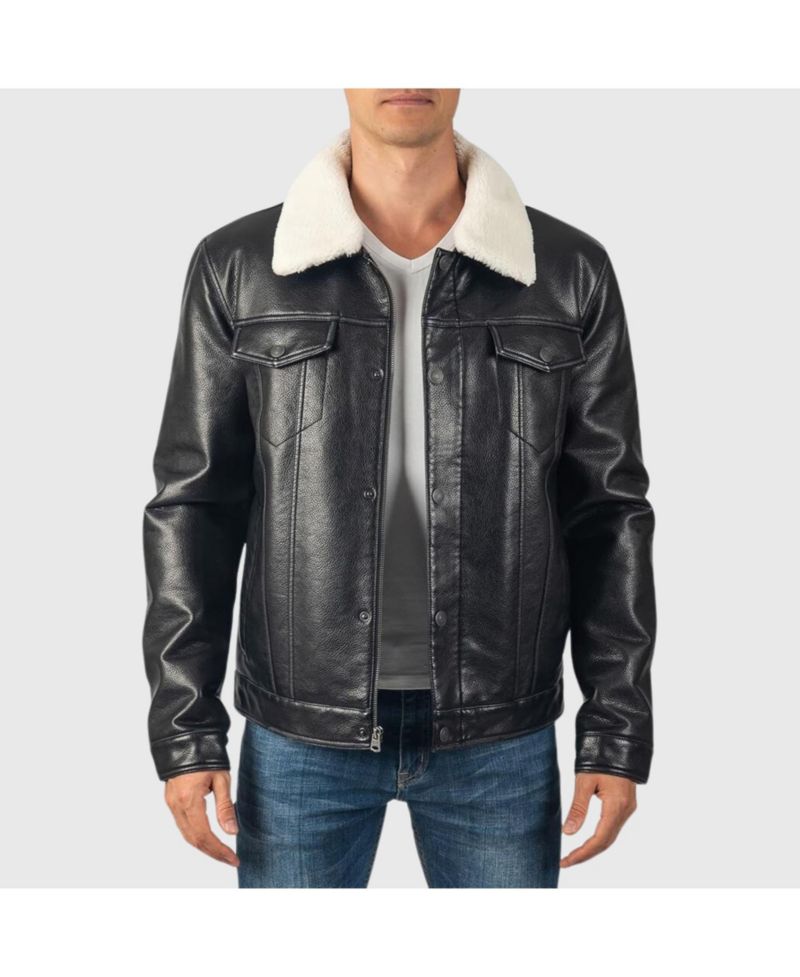 Men's Aaron Fitted Trucker Jacket Sherpa Collar Faux Leather Casual Coat