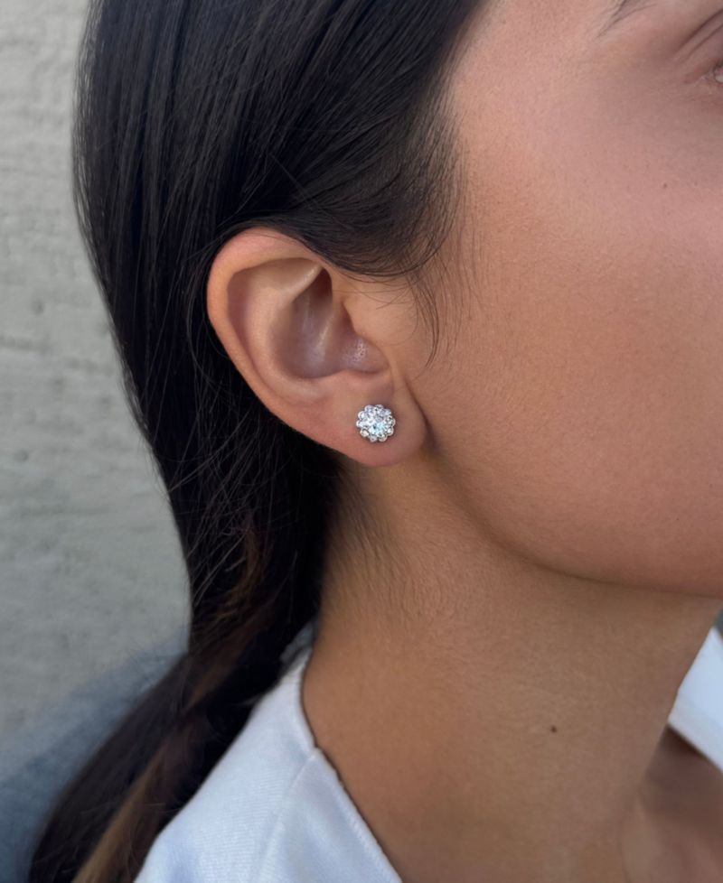 Silver Plated Cubic Zirconia Floral Halo Stud Earrings