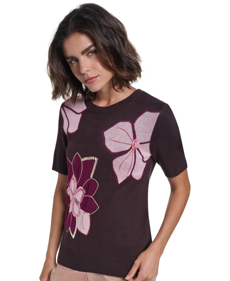 Petite Floral-Print Short-Sleeve Embellished Sweater