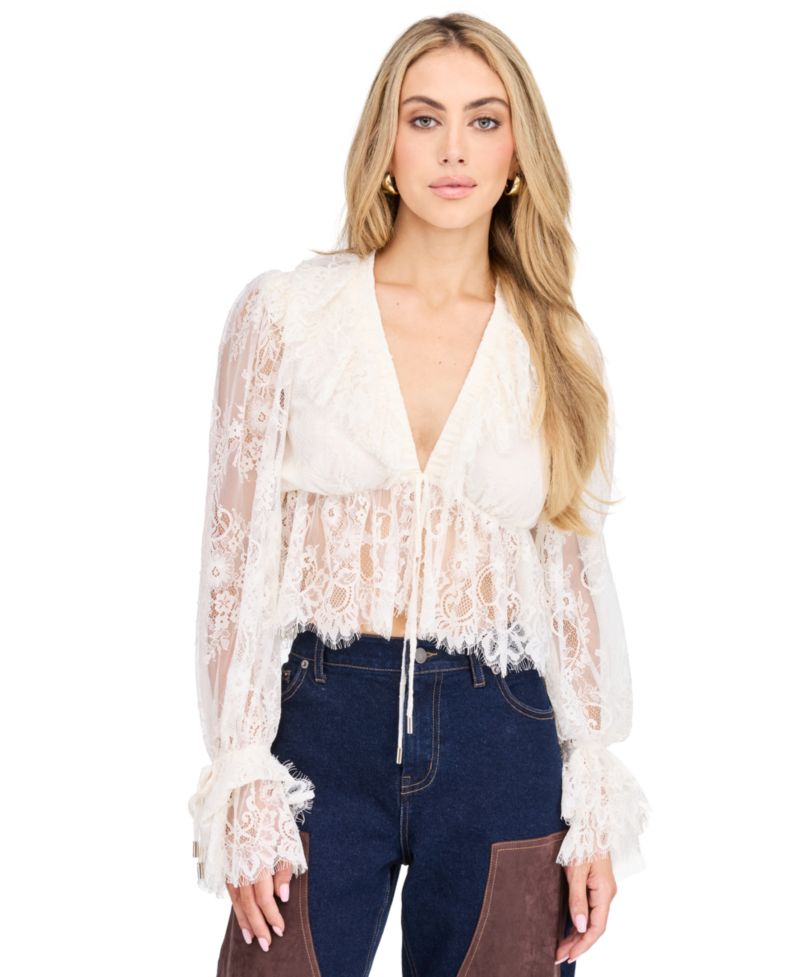 Women's Mila Eyelash Lace Long-Sleeve V-Neck Blouse