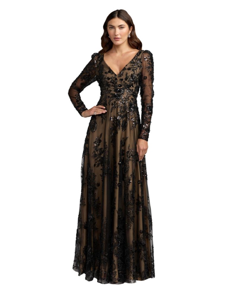 Women's Floral V-Neck Long-Sleeve Gown