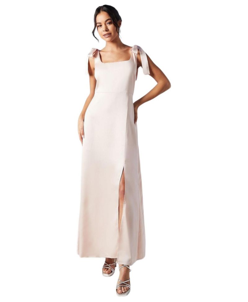 Women's Satin Midi Tie Shoulder Bridesmaid Dress