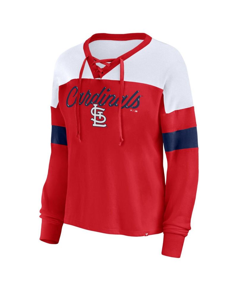 Women's Red, White St. Louis Cardinals Even Match Lace-Up Long Sleeve V-Neck T-shirt