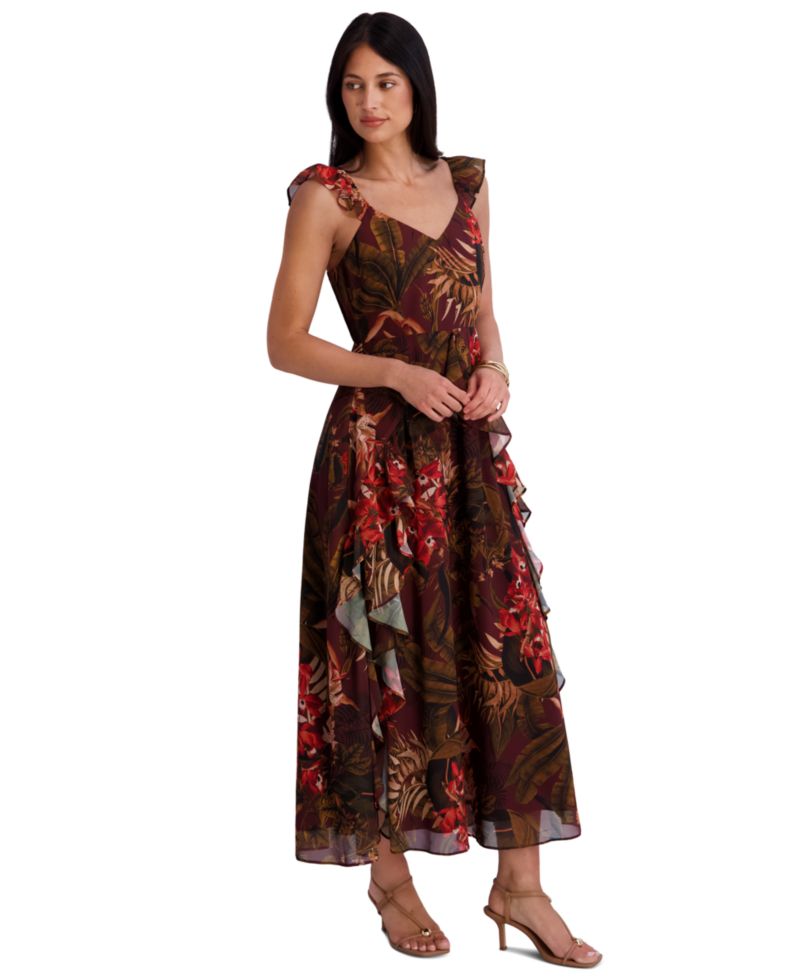 Women's Textured Woven Floral Ruffle Midi Dress