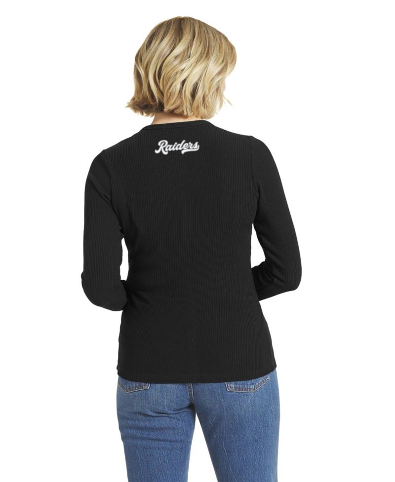 Women's Black Las Vegas Raiders Ribbed Full-Button Cardigan Sweater