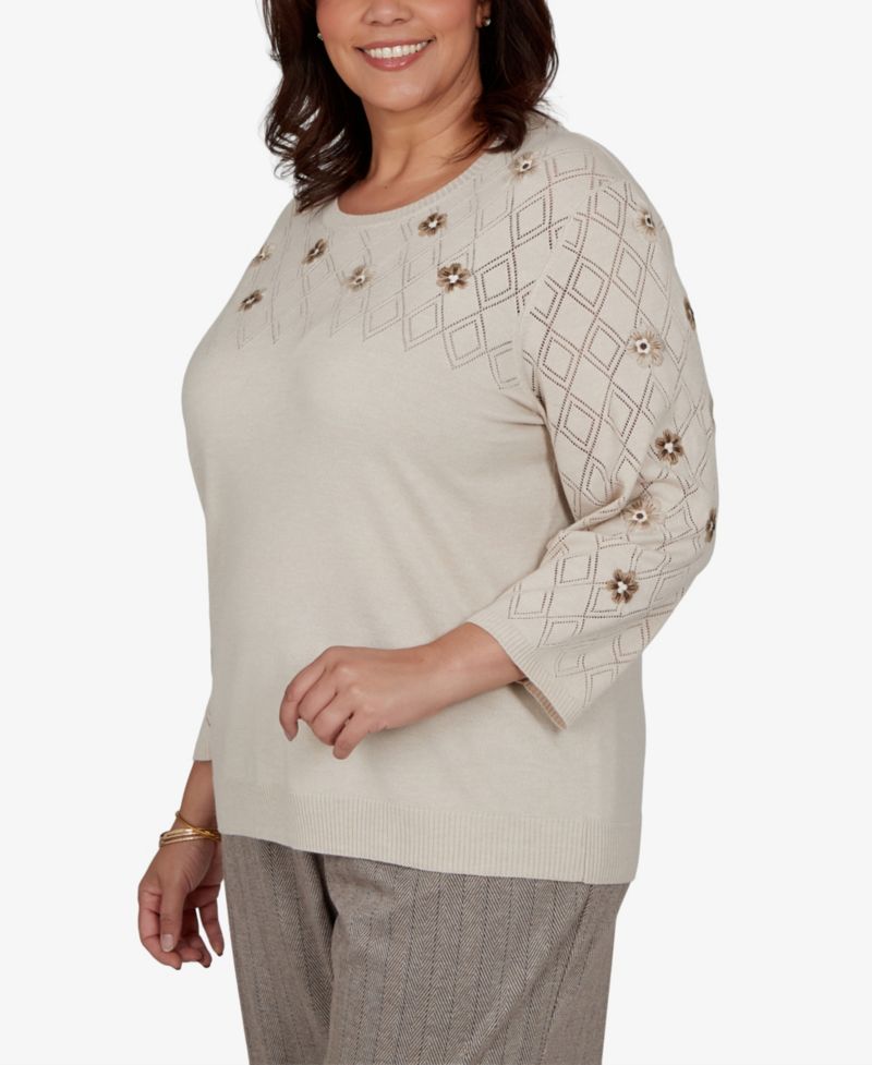 Plus Size 3/4-Sleeve Crewneck Pullover Sweater
