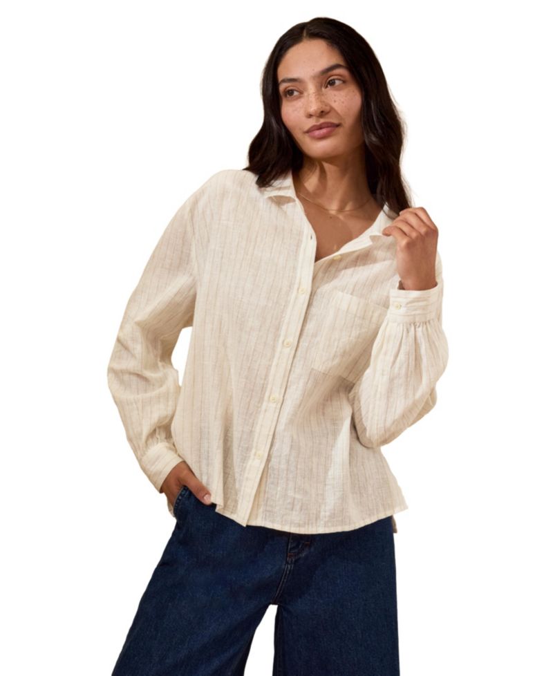 Women's Draped Boxy Collared Striped Button-Up Shirt