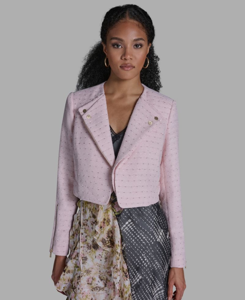 Women's Crewneck Textured Cropped Moto Jacket