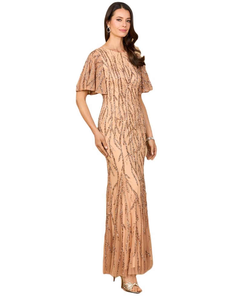 Beaded Gown with Flutter Sleeves