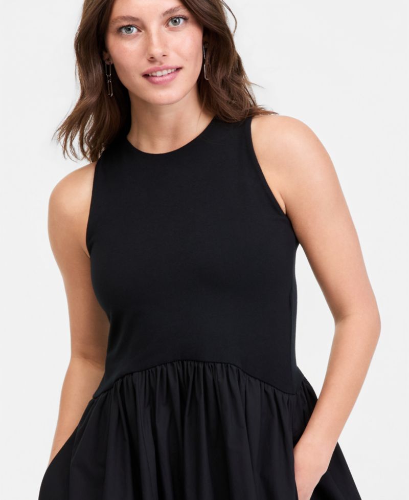Women's Curved-Waist Mixed-Media Midi Dress