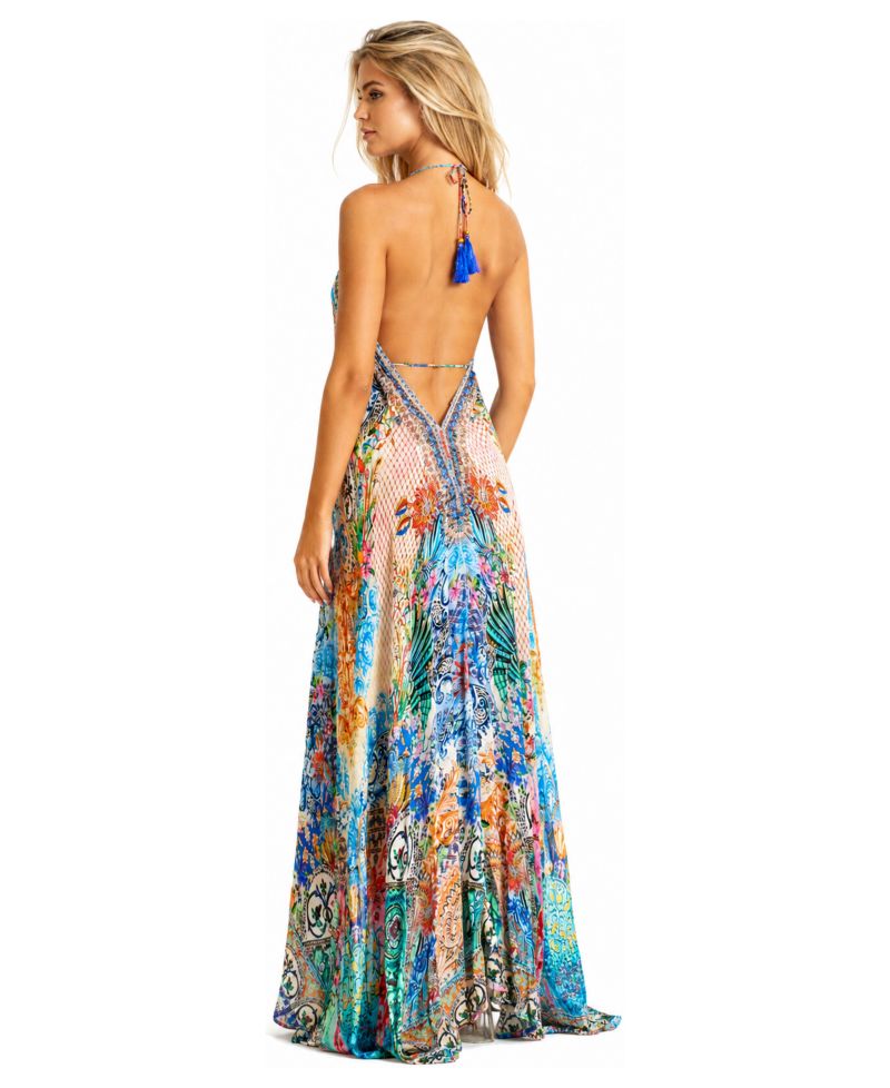 Women's Patchwork Floral and Geo Halter Plunge Maxi Dress