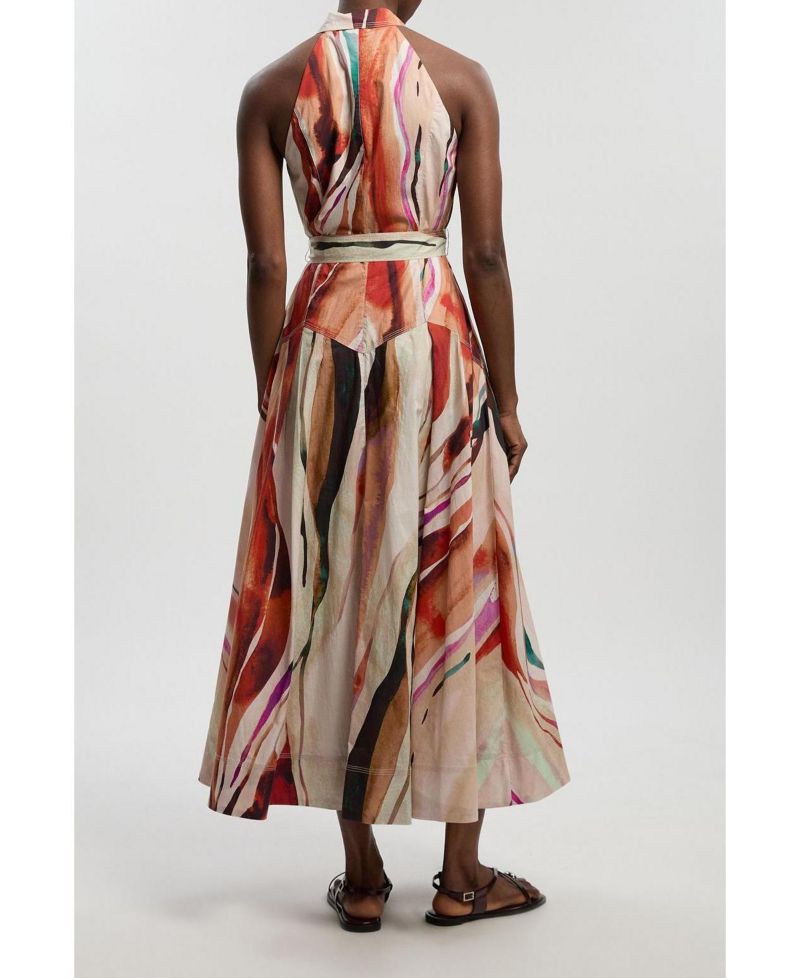 Women's Marble Print Halter Midi Shirt Dress