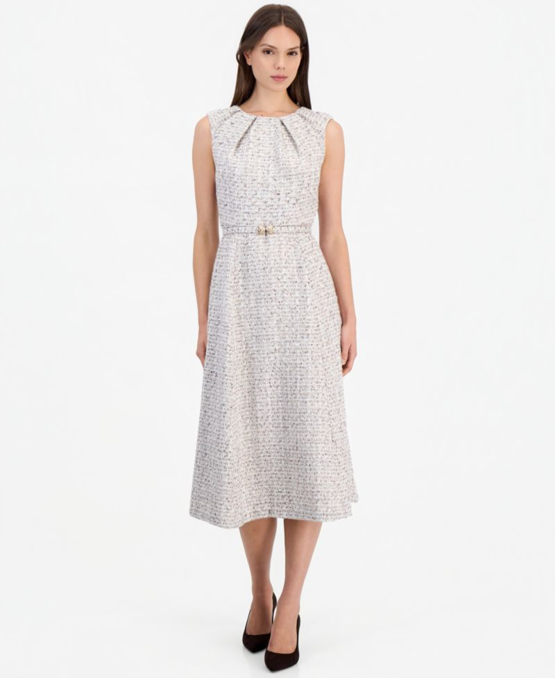 Women's Tweed Pleated A-Line Midi Dress